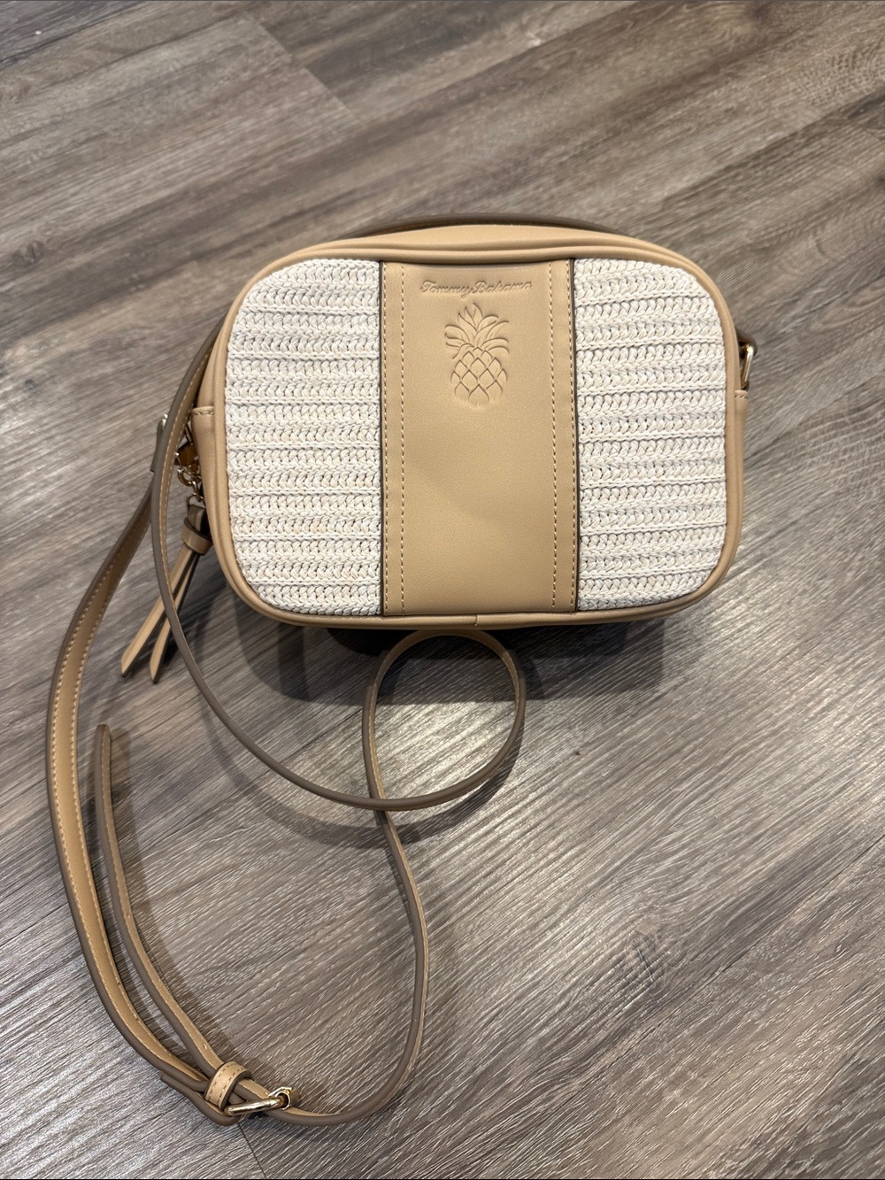 Tommy Bahama Camera Crossbody, Pineapple Logo, Tan & Cream Woven Crossbody Bag